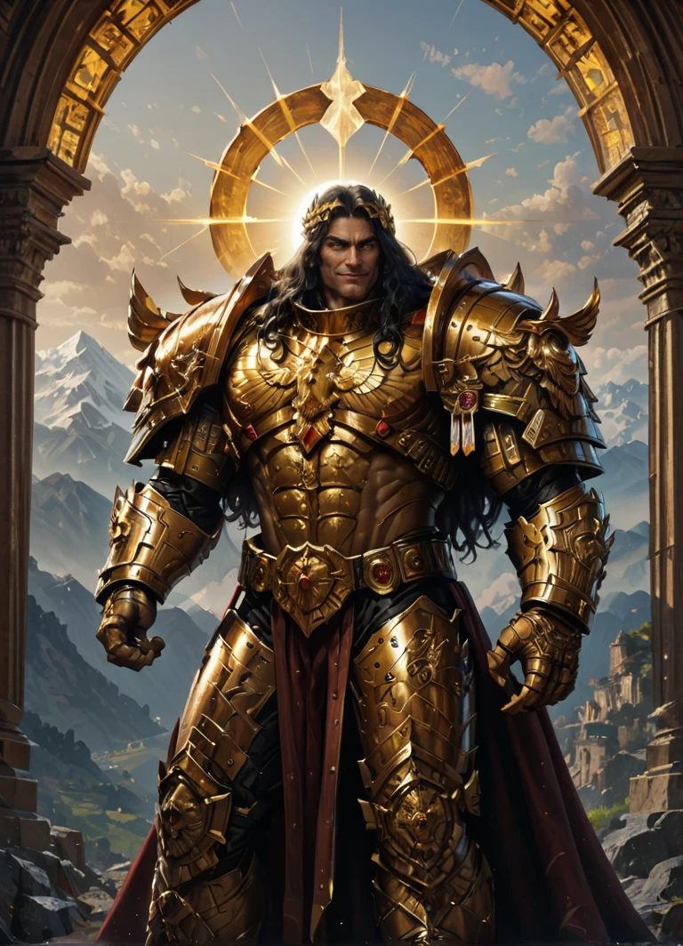 mature adult,illustration,beautiful detailed eyes,best quality,highly detailed,masterpiece,ultra-detailed,illustration,long hair,olive skin,full armor,muscular,god-like physique,golden armor,
1 man,light smile,yellow eyes,EMPEROR OF MANkind,score_9,score_8_up,score_7_up,score_6_up,score_5_up,<lora:Emperor:0.7>,Standing on mountain top,mountainous horizon,sky,