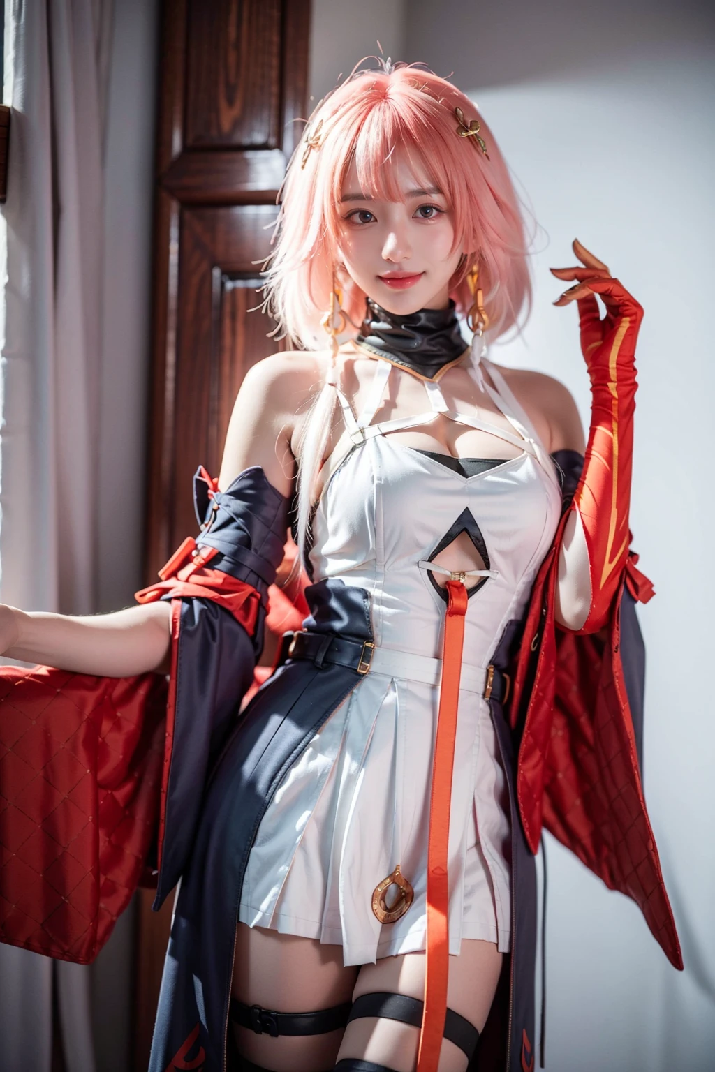 realistic,photorealistic,best quality,masterpiece,highres,8k,RAW photo,ultra-detailed,cowboy shot,1girl,solo,smile,looking at viewer,standing,changli cosplay costume,changli,cosplay,gradient hair,multicolored hair,pink hair,white hair,long hair,dress,bare shoulders,clothing cutout,cleavage cutout,thighhighs,thigh strap,detached sleeves,wide sleeves,single glove,elbow gloves,hair ornament,<lora:WutheringWaves_Changli_cosplay_costume_v1:0.7>,