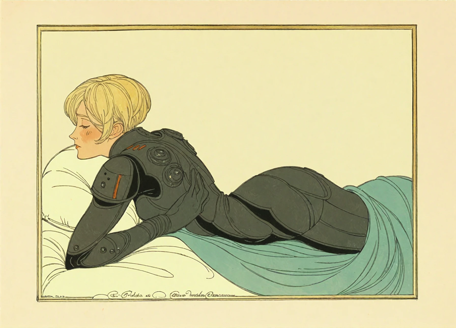 <lora:gerda-wegener_pony_v1:1> 'woman' by wegener gerda in 1920, 
art nouveau \(modern\) \(style\),nude painting \(nu\) \(genre\) a woman on a bed <lora:Wreck-it_Ralph_Sergeant_Calhoun:1.0> wir_calhoun, blonde hair, 1girl, short hair,bodysuit science fiction, score_9, score_6_up, score_7_up