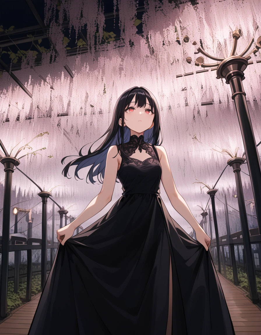 score_9, score_8_up, score_7_up, souce_anime, BREAK masterpiece, best quality, very aesthetic, absurdres, 1girl, girl standing and looking up, cowboy shot, black dress, silk dress, long black hair, sleeveless, perfect eyes, <lora:ashikaga_flower_park_ponyDiffusionV6XL_v6_Lion_3000_v1.02:1>, pink fuji flower, illuminated, night