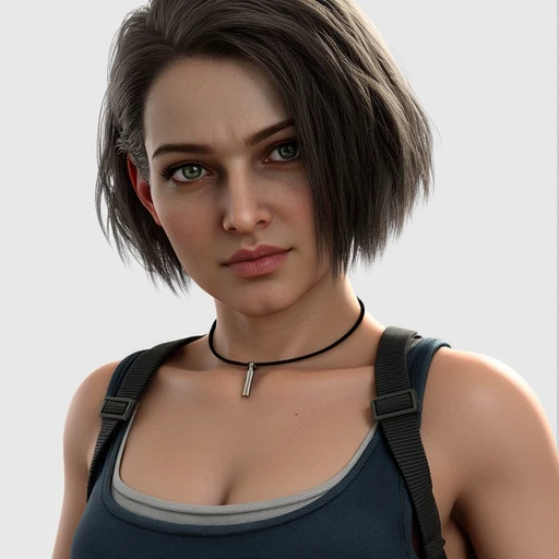 JillValentine, Jill Valentine,Jill Valentine \(Resident Evil Death Island\), 1girl, solo, breasts, smile, short hair, blue eyes, brown hair, black hair, jewelry, green eyes, upper body, teeth, necklace, grin, realistic, jill valentine