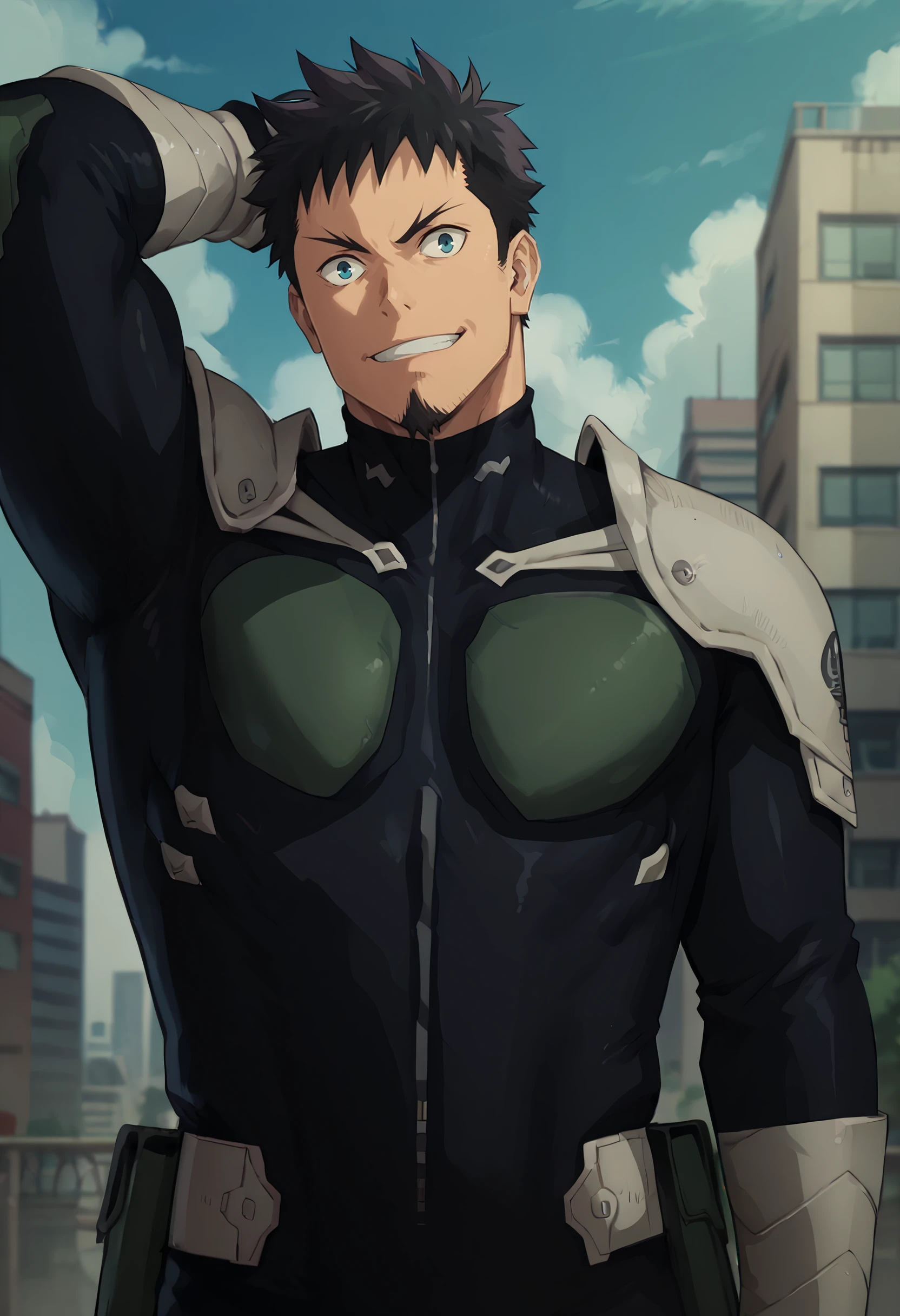 score_9, score_8_up, score_7_up, 1boy, solo,  looking at viewer, upper body, close-up, 
<lora:HibinoKafka_Dwnsty:1>, hibino kafka, black hair, blue eyes, mature male, bodysuit, armor, goatee, facial hair, 
arm up, biceps, hand on own arm, grin,
outdoors, blue sky, city, skyscraper, city, street,