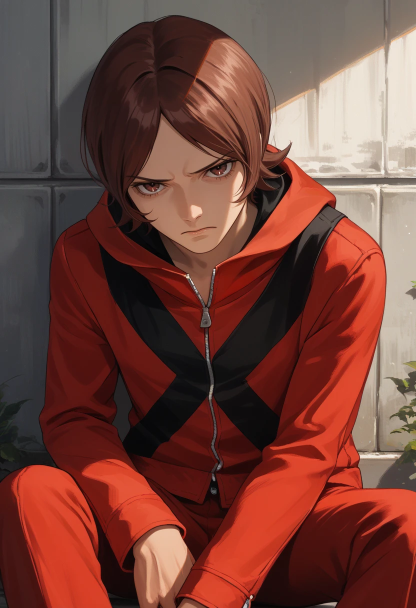 score_9, score_8_up, score_7_up, source_anime, BREAK, solo, 1boy, , looking at viewer, <lora:Tatsuya-pdxl_Fp:1>, tatsuyaep, brown hair, brown eyes, short hair, red jacket, red pants, hooded jacket, sitting, head down, sad,