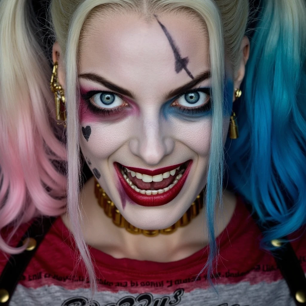 A close-up of Margot Robbie dressed as Harley Quinn, focusing on her intense, wide-eyed expression. Her blonde hair is styled into pigtails with one side dyed pink and the other blue. Her makeup is smudged and dramatic, with smeared pink and blue eyeshadow, exaggerated eyeliner, and a small heart under one eye. A faux scar runs across her forehead, adding to the gritty, chaotic look. Her red lipstick is slightly smudged, giving her a wild, unhinged vibe. She’s wearing a gold bullet choker, and the top part of her "Daddy's Lil Monster" t-shirt is visible. The background is blurred, drawing full attention to her eerie, yet captivating smile and intense stare, perfectly capturing the essence of Harley Quinn’s playful yet dangerous persona.