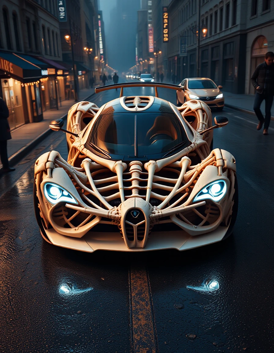 award winning photo of a drone eye view of a futuristic hypercar made of bones, large glowing headlights, cinematic still, at night, wet streets 
 <lora:Bones_by_Dever_Flux_-_EXP:1.5>