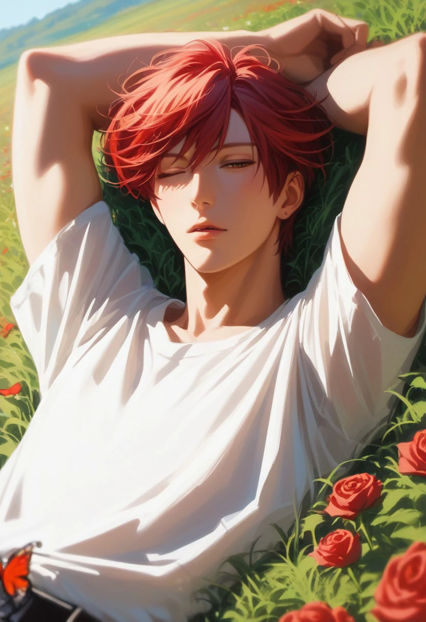 score_9, score_8_up, score_7_up, source_anime, rating_safe, tall grass, red flowers, MikoshibaGSN, (red Mikoshiba hair), red Mikoshiba eyes, 1boy, male focus, handsome prince of roses,  lying, sleeping, parted lips, arms up, hands with five fingers, blurry outdoor hill side, clear sky, few butterflies, dutch angle, realistic shading, cinematic, foreground blur,