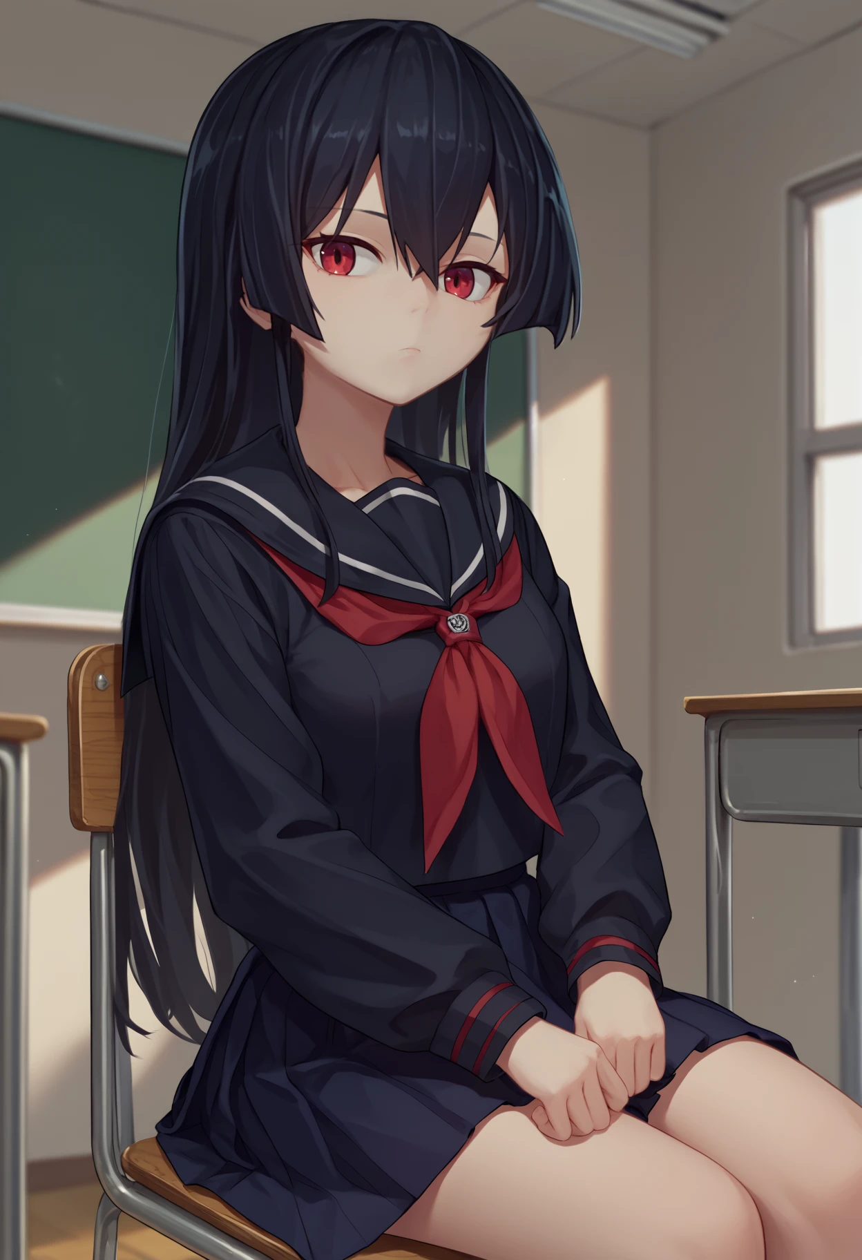 score_9, score_8_up, score_7_up, source_anime, solo, 1girl, agkakame, expressionless, looking at you, sitting, chair, school uniform, black serafuku, black shirt, black sailor collar, red neckerchief, black skirt, pleated skirt, indoors, classroom
<segment:yolo-face_yolov8m.pt,0.4,0.5>