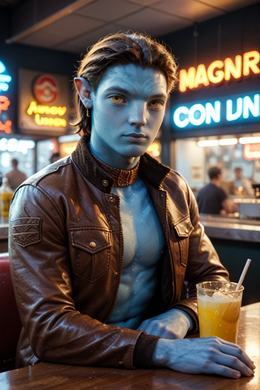 score_9, score_8_up, score_7_up, score_6_up
<lora:AvNeteyam:1.0>
AvNeteyam, 1boy, brown hair, blue skin, yellow eyes, looking at viewer, at an old-fashioned diner, leaning against the counter, wearing a leather jacket, neon lights reflecting on his face, retro vibe, cool and confident expression