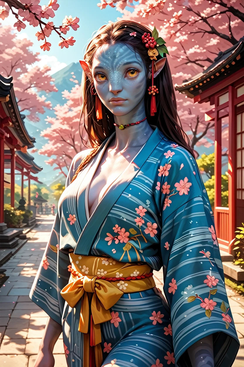 score_9, score_8_up, score_7_up, score_6_up
<lora:AvNeytiri:1.0>
AvNeytiri, 1girl, brown hair, blue skin, yellow eyes, looking at viewer, walking in a serene Japanese park with cherry blossoms, yukata, and a hair ornament