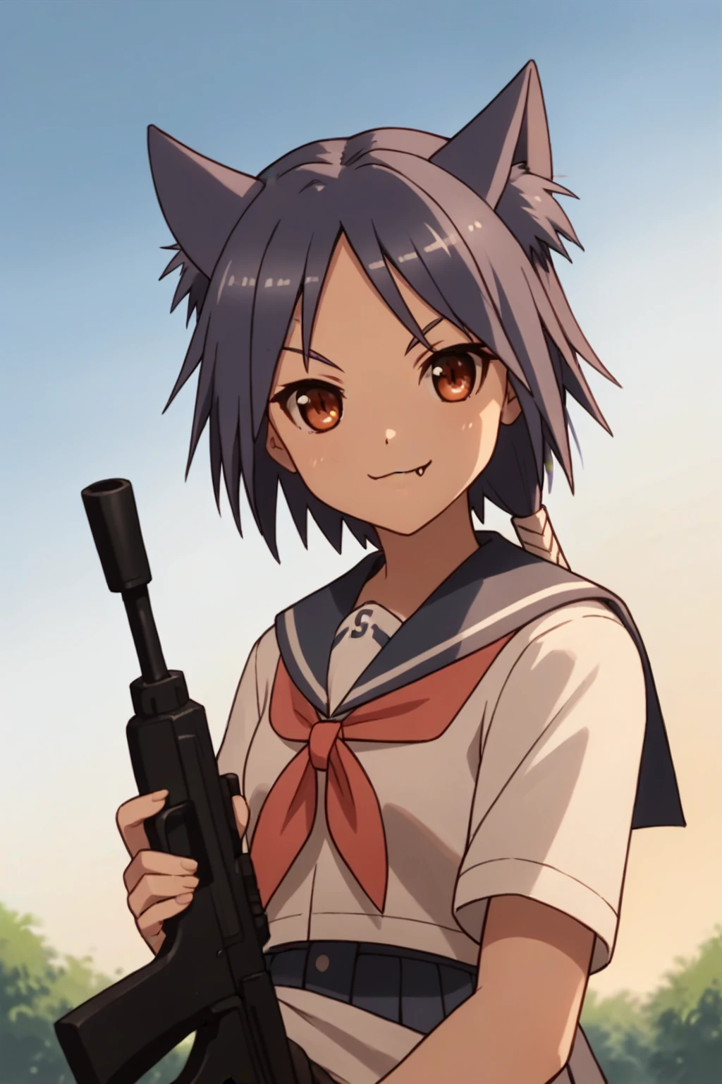 score_9, score_8_up, score_7_up, score_6_up, score_5_up, score_4_up, source_anime, rating_safe, 1girl, galilar, serafuku, holding rifle, outside, sky, smile, fang