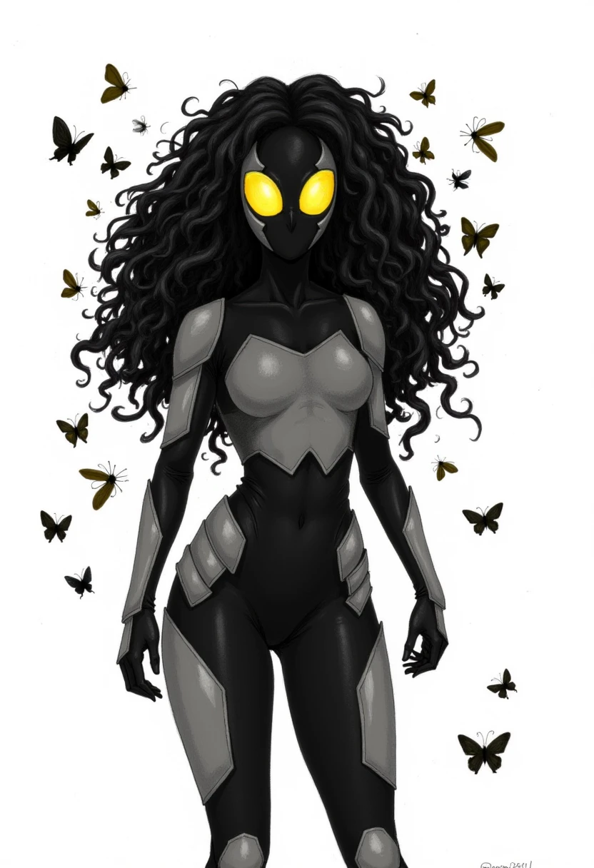 Full body image, Skitter wearing bug mask with mandibules. The image is a colored pencil sketch. She is wearing armor bodysuit. Black body suit, with grey armor panels. Small chest. Skitter has long black wavy and curly hair. The bug mask two yellow compound lens. 

The background is white, with a bug swarm of butterflies.