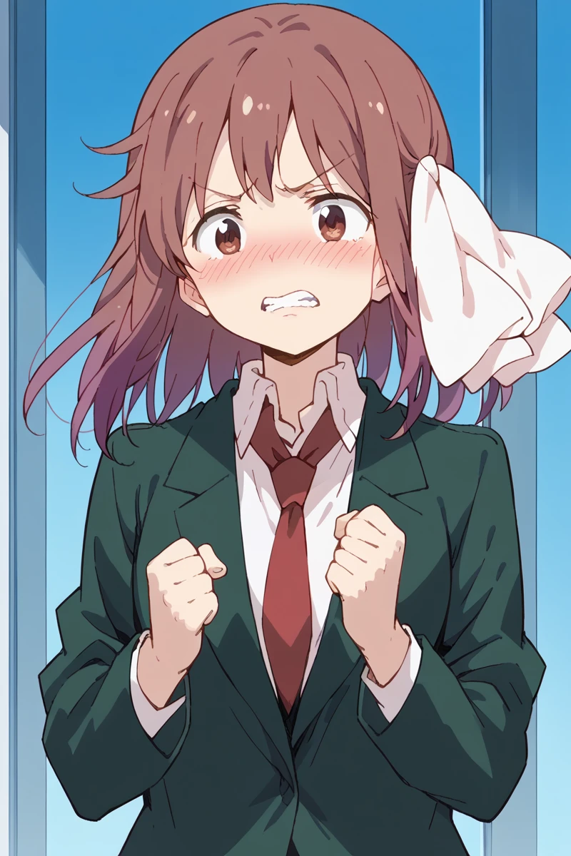 score_9, score_8_up, score_7_up, score_6_up,
<lora:Haruka_Takayama:1> haruka, 1girl, solo, necktie, school uniform, brown hair, clenched teeth, blush, parody, ribbon, hair ribbon, teeth, clenched hands, brown eyes