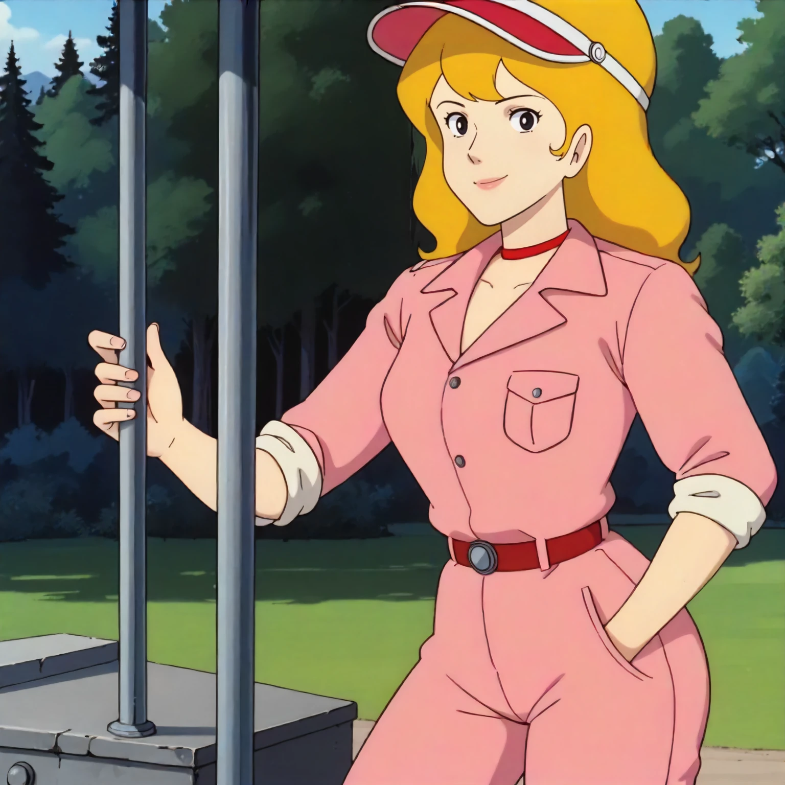 <lora:TCoC_FujikoMineXLpony001>,
outdoors,nature,
looking at viewer,smile,
solo,
FujikoMine,1girl,blonde hair,long hair,black eyes,
visor cap,
red choker,
pink jumpsuit,breast_pocket,sleeves rolled up,