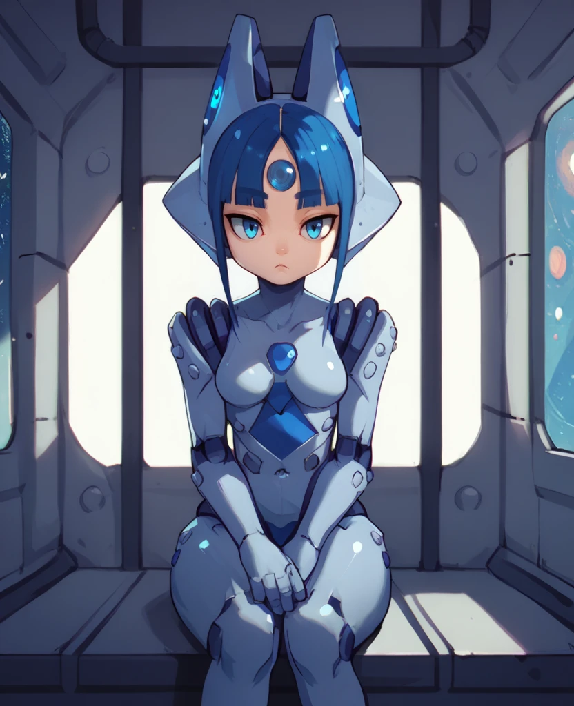 score_9, score_8_up, score_7_up, score_6_up, MechaGirlXL, blue hair, blunt bangs,   robot joints,blue eyes,helmet,  forehead gem,   solo, expressionless ,  space station,indoors,   sitting, 
 <lora:MechaGirlXL:0.9>