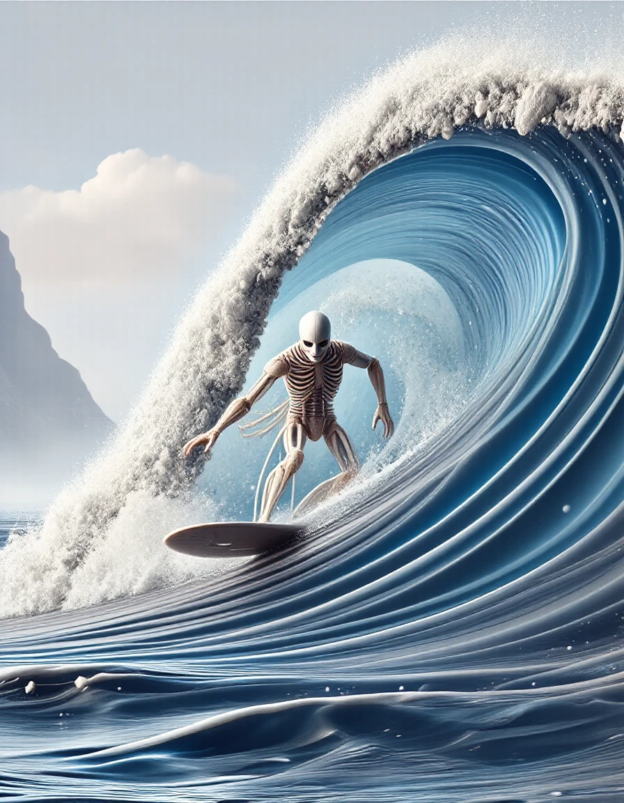 a galactic surfer riding a large wave ready to hit the shore
 <lora:Bones_by_Dever_Flux_-_EXP:2.5>