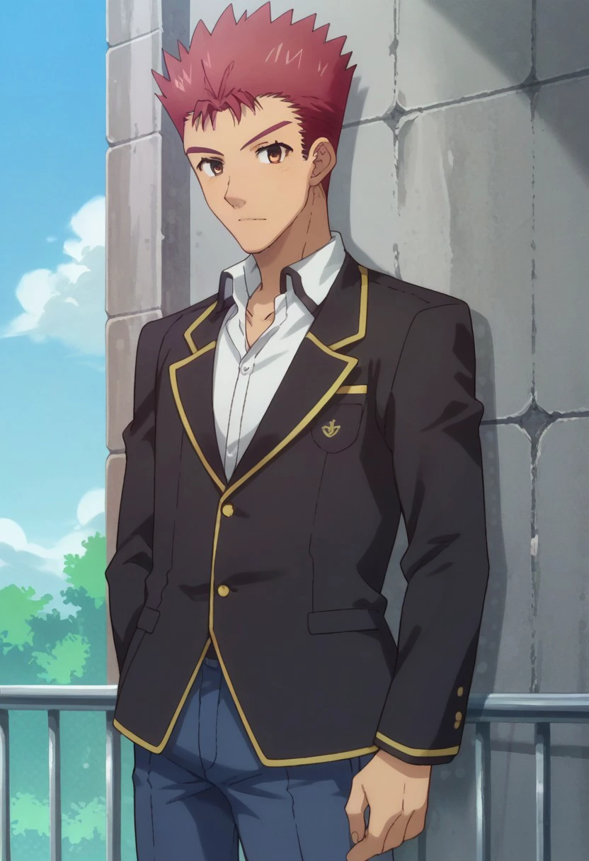 score_9, score_8_up, score_7_up, source_anime, highly detailed, 
yujisakamoto, 1boy, male focus, red hair, solo, school uniform, spiked hair, brown eyes,
upper body, shirt, white shirt, jacket, black jacket, long sleeves, pants, blue pants
outdoor, sky, tree