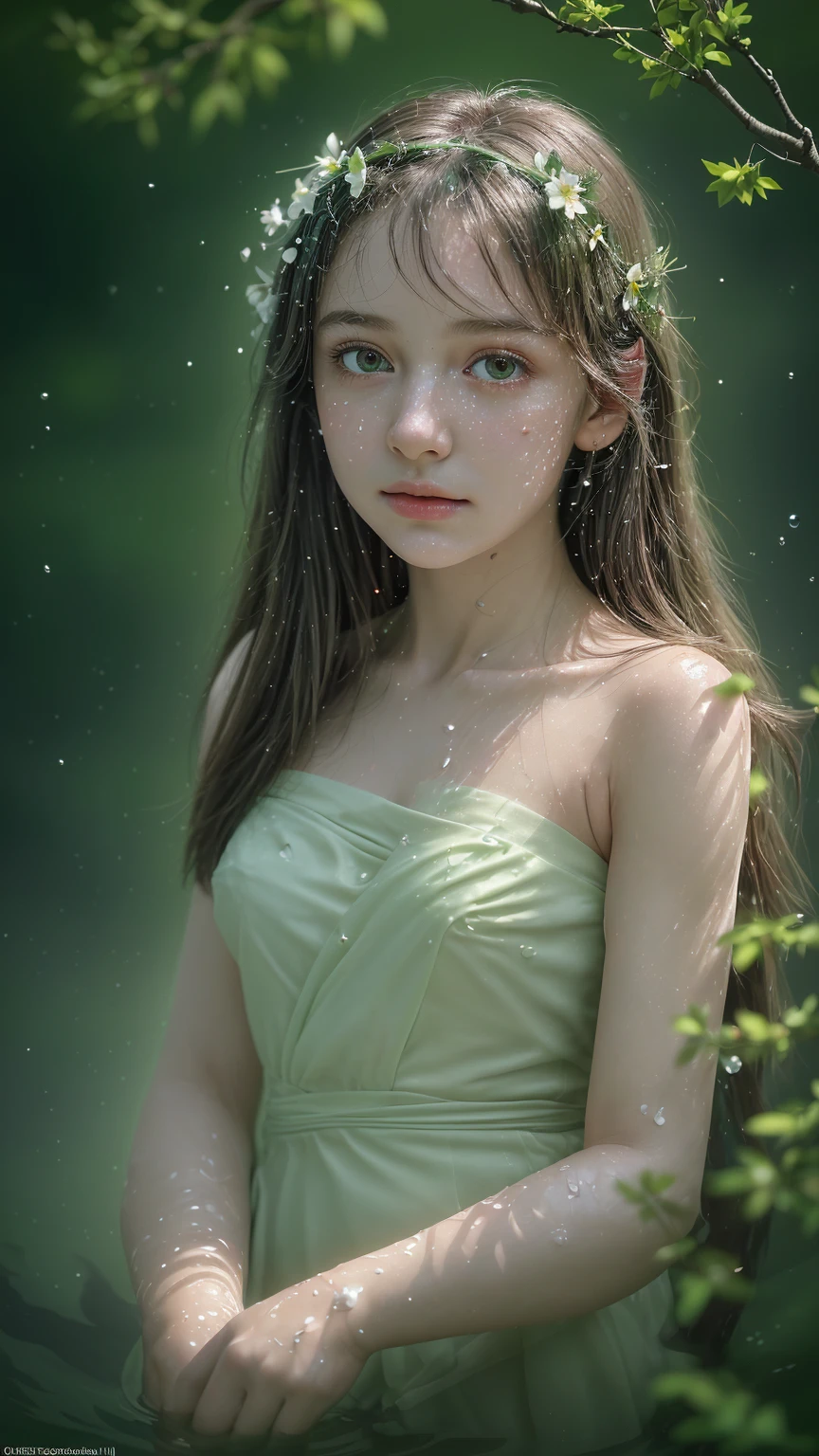 realistic,photography,(masterpiece,best quality),ultra-detailed,1girl,stars in the eyes,pure girl,(full body:0.5),There are many scattered luminous petals,Hidden in the light green flowers,Many flying drops of water,Many scattered leaves,branch,angle,contour deepening,cinematic angle,(Tyndall effect),
