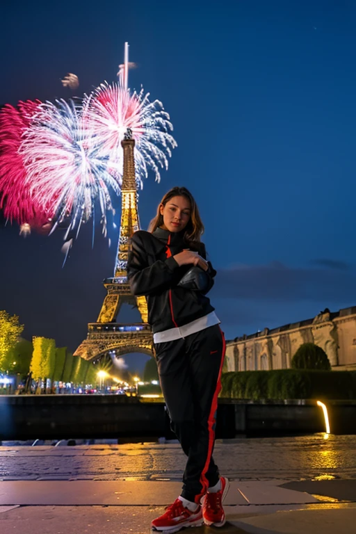 (raw photo:1.5) of beautiful 25-year-old <lora:UKR_BgrlK8:1> UKR_BgrlK8 girl, full body, tracksuit, in front of the <lora:eiffel_tower_v1:1.0> eiffel_tower, eiffel tower, paris, by night, fireworks, (maximum realism:1.5), absurdres, masterpiece