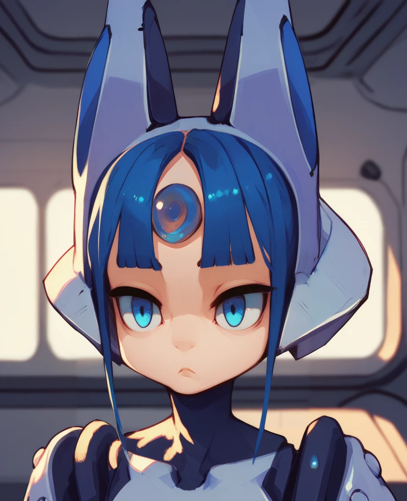 score_9, score_8_up, score_7_up, score_6_up, MechaGirlXL, blue hair, blunt bangs,   robot joints,blue eyes,helmet, blue forehead gem,  upper body,  standing, solo, expressionless ,  space station,indoors,  <lora:MechaGirlXL:1>