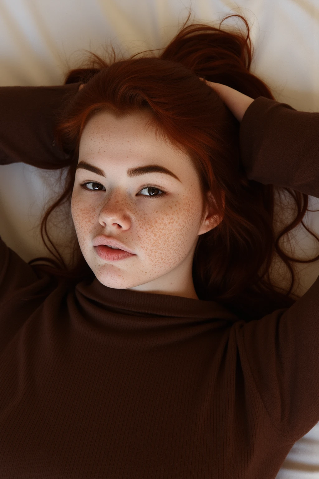 SabrinaLynn, laying on back, hands behind head, from above, photoshoot, pale skin, freckles, red hair, brown eyes,
brown sweater, high quality, intricate details,
bed background