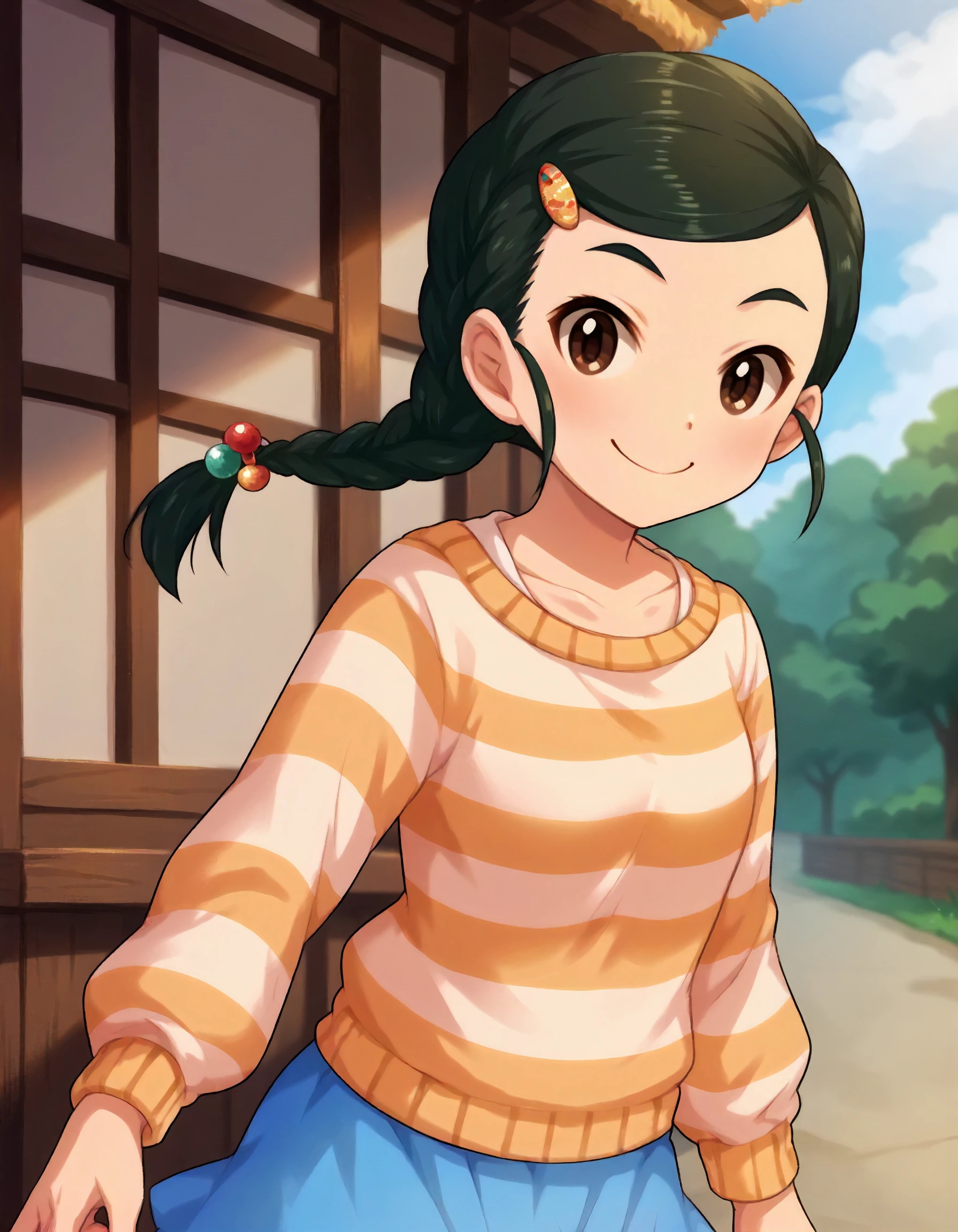 score_9,score_8_up,score_7_up,1girl,solo,cowboy shot,looking at viewer,smile,closed mouth,outdoors,
<lora:shutouaoi_ponyXLV6:0.8>,cgsao,black hair,parted bangs,single braid,brown eyes,
hairclip,hair bobbles,striped sweater,blue skirt