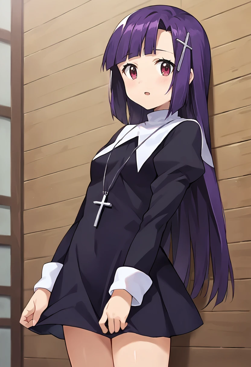 score_9, score_8_up, score_7_up, masterpiece, source_anime 1girl, ct_zange, purple hair, long hair, cross hair ornament, black dress, white turtleneck, long sleeves, cross necklace, looking at viewer, indoors, wooden wall, cowboy shot, shiny skin,<lora:Zange_Pony_ct:1>