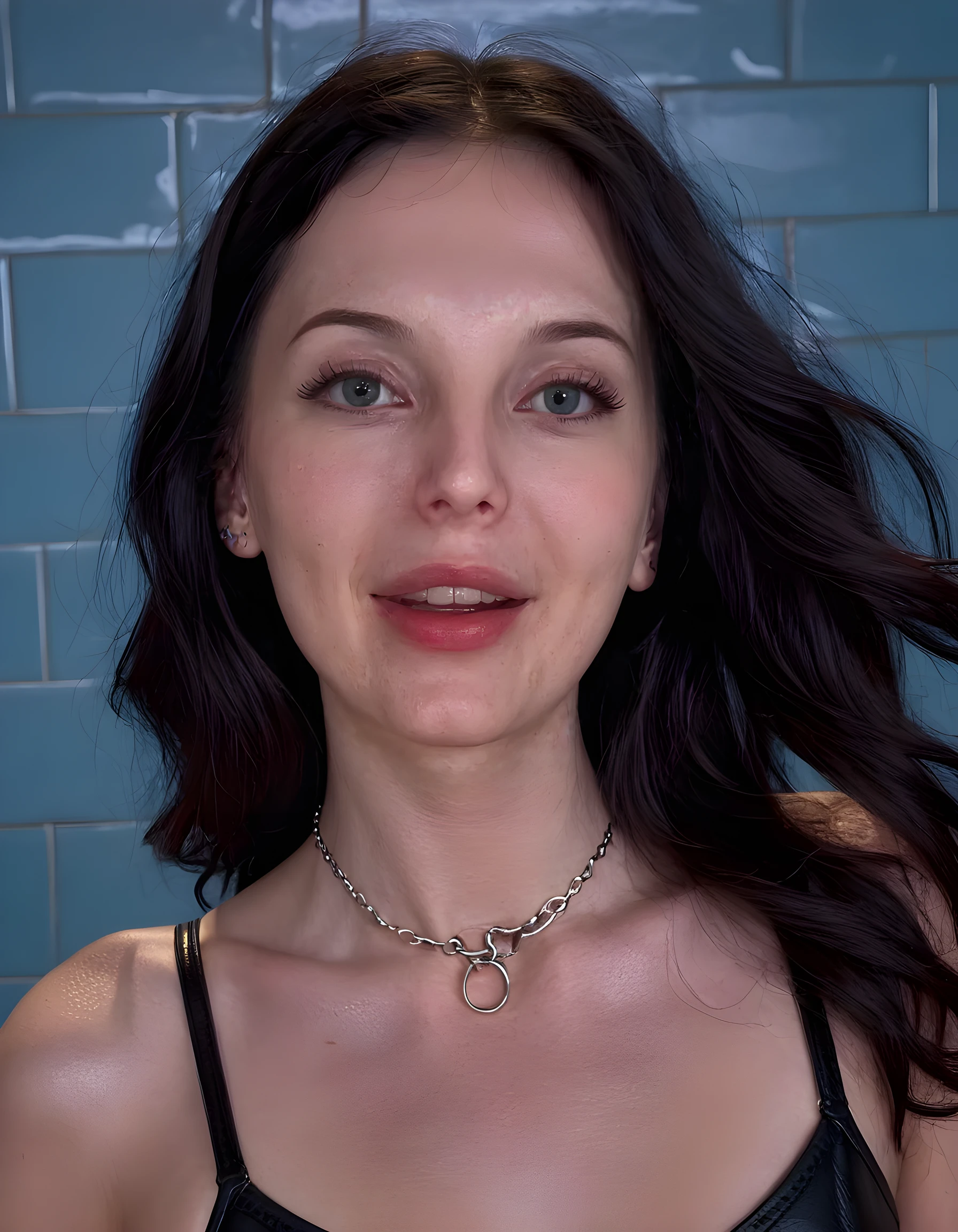 A high-definition, close-up portrait of S0PH13L, a woman with raven-black hair cascading in loose waves, her lips painted a bold red that contrasts sharply with her pale complexion and the dusky blue background. Her eyes, framed by thick black eyeliner and mascara, are fixed directly on the viewer with an enigmatic smile that reveals a small mole near the corner of her left lip. The photograph is set in an abandoned subway station, the worn, intricate patterns of the tile wall providing a stark backdrop to her unique outfit: a black leather bodysuit adorned with silver studs and chains, accentuating her petite figure. The camera angle is low, looking up at her from below, casting dramatic shadows that add depth and intensity to the scene, while soft, ambient lighting illuminates her face, emphasizing the delicate play of light and darkness on her skin. A single, solitary beam of light streams in from an unseen source above, creating a halo effect around her head, further enhancing her otherworldly allure. The emotional tone of the image is one of mystery, seduction, and defiance.