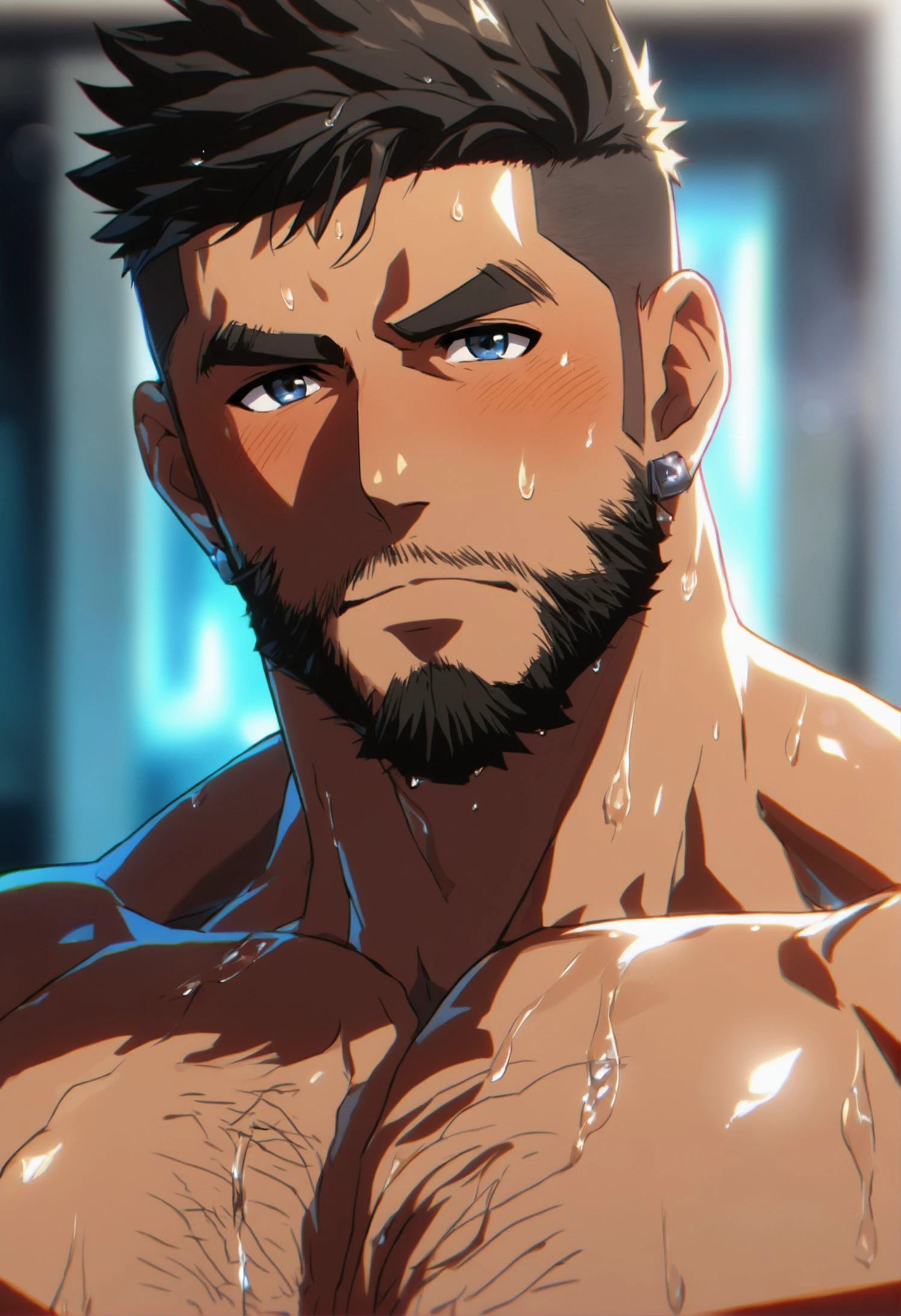 1boy, male focus, 
chromatic aberration, slim, dark skin, oiled, narrow waist, slim, portrait, close-up, facial hair, solo, beard, muscular male, muscular, wet, short hair, chest hair, pectorals, mature male, looking at viewer, thick eyebrows, nude, jewelry, earrings, large pectorals, black hair, undercut, portrait, wet hair, serious, blush, blurry background, lens flare, sharp shadows, direct lighting, vibrant colors, glow effect, bloom, edge color fringing, chromatic aberration, dark-skinned male, closed mouth, sex toy, blurry, vibrator, shiny skin, sideburns, hairy, bara, stubble, sparkle, vibrator cord, 
masterpiece, best quality
 <lora:NijiBara_SanaeXL-000018:1>