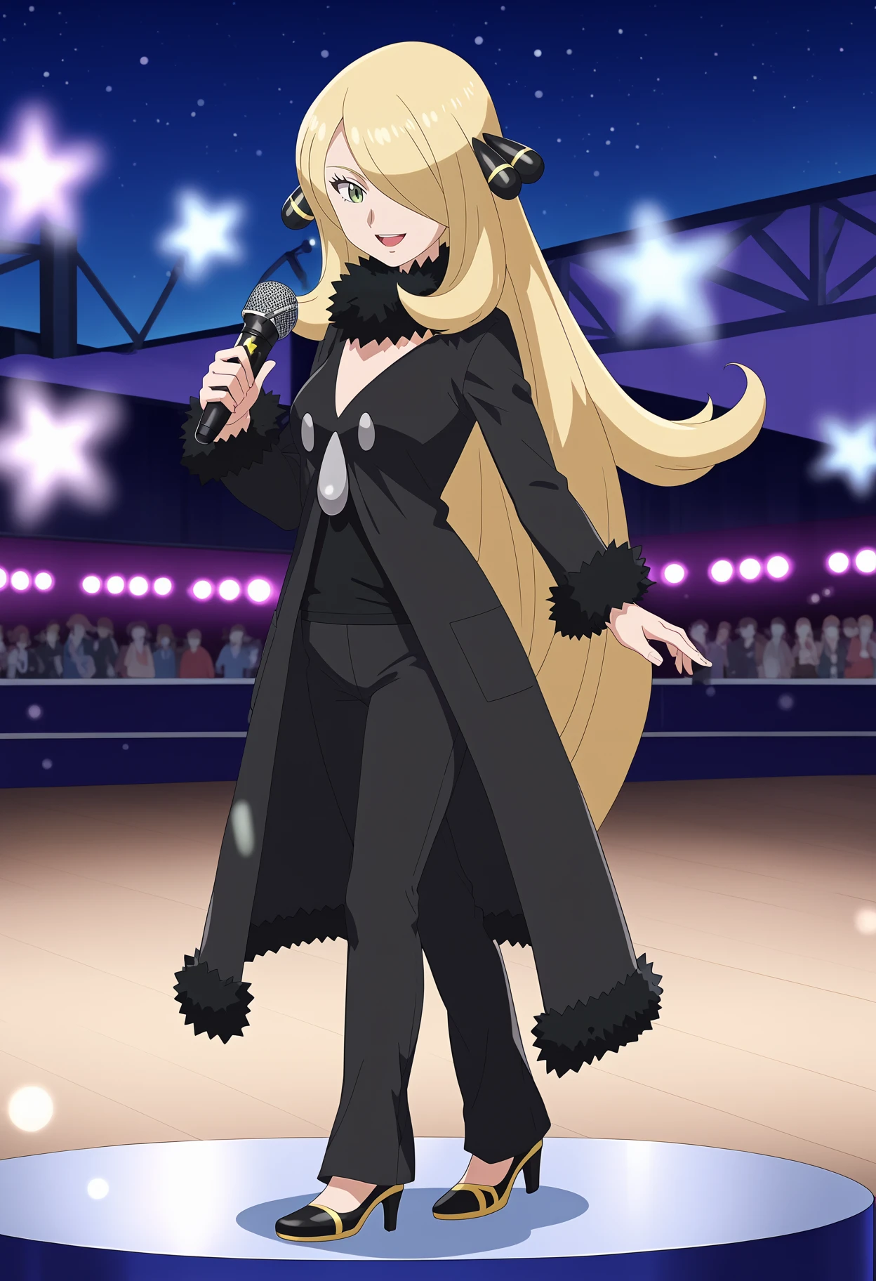 score_9, score_8_up, score_7_up, anime screencap, BREAK
1girl, cynthia \(pokemon\), blonde hair, hair over one eye, very long hair, grey eyes, eyelashes, hair ornament,
fur collar, black coat, fur-trimmed coat, long sleeves, black pants, black shirt, high heels,
on stage, holding microphone, singing, smile, upper teeth only, crowd, faceless crowd, stage, stage lights, night, night sky, star \(sky\), depth of field, fog  <lora:CynthiaXL:1>