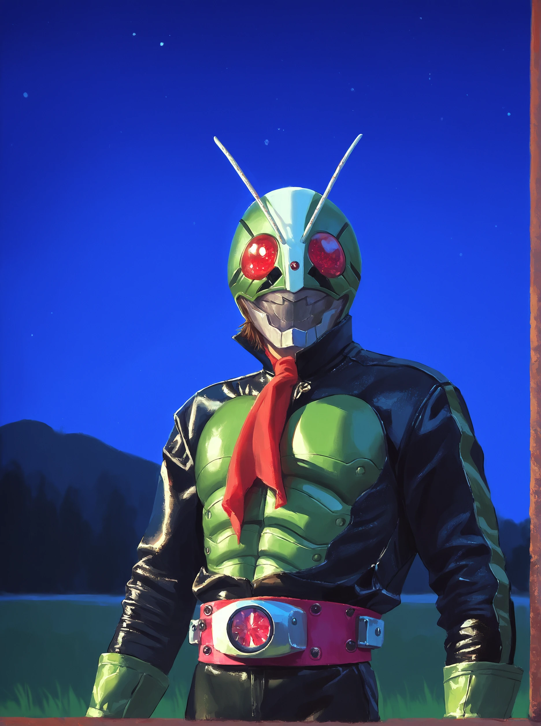 score_9, score_8_up, score_7_up, masterpiece, source_realistic<lora:sn0wStyle:1> <lora:HKHorrorXL:1>kamen rider, 1boy, male focus, solo, antennae, belt, outdoor, <lora:Kamen_rider_nigo_the_first_2005:1>  night, upper body