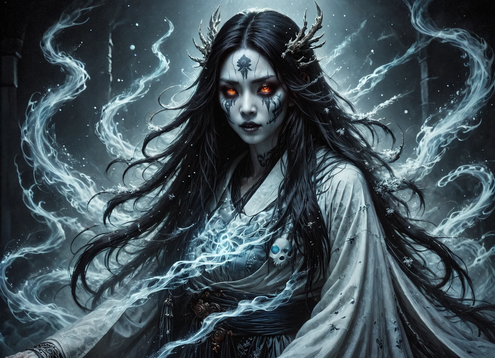 DonMN3cr0m4nc4rL41rXL, yuki-onna, japanese snow spirit, female, cold ethereal beauty, burial robe, long black hair, pale skin, glowing eyes,  winter, snow, haunting, supernatural, stygical, demonic expression, luminous  <lora:DonMN3cr0m4nc4rL41rXL:1>