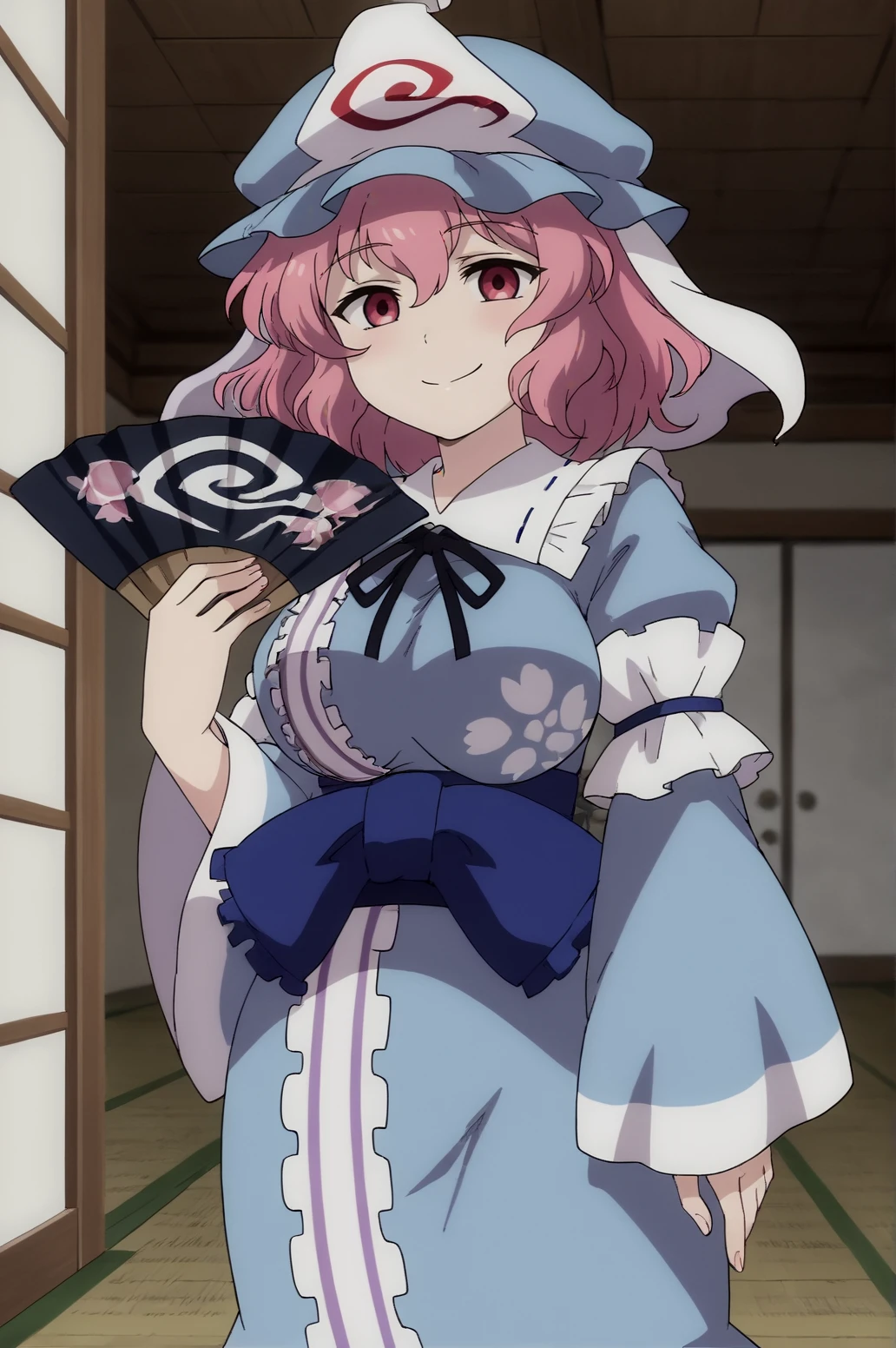 score_9, score_8_up, score_7_up,anime_source, source_anime, best background, detailed background, anime screencap,  Yuyuko, blue kimono, hand fan, hat, japanese clothes, kimono, long sleeves, mob cap, seductive smile, solo, triangular headpiece, wide sleeves, horny face, naughty face, indoors, <lora:JN_Yuyuko_Saigyouji:0.8>