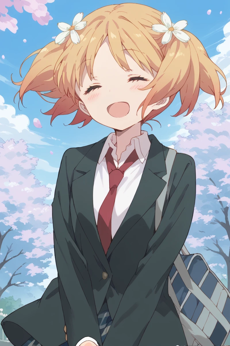 score_9, score_8_up, score_7_up, score_6_up, 
 <lora:Yuu_Sonoda:1> yuu, 1girl, closed eyes, school uniform, solo, hair ornament, bag, hair flower, twintails, flower, open mouth, necktie, smile, blonde hair, cherry blossoms, blazer