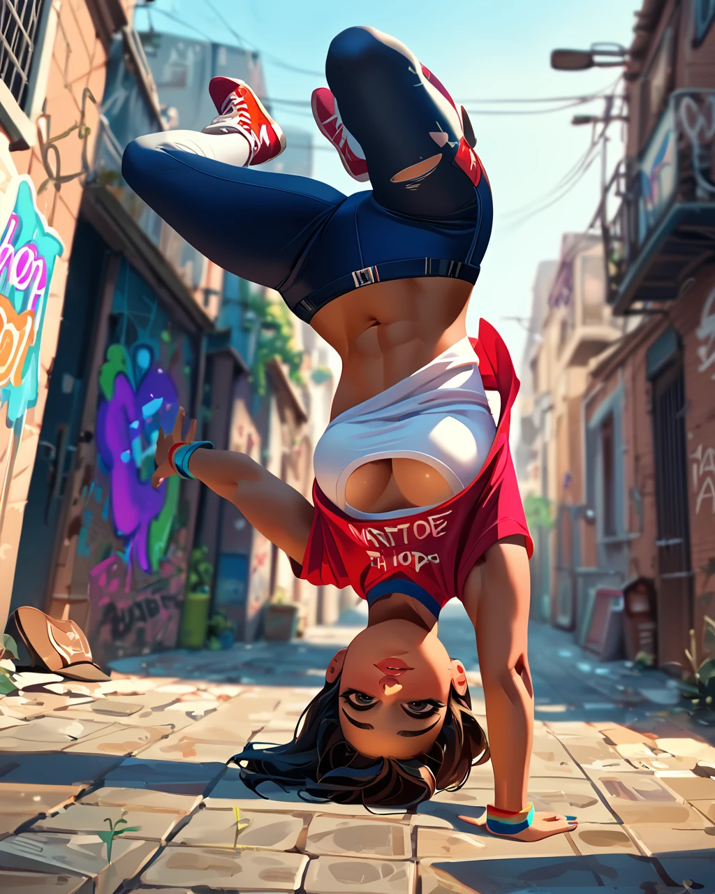 score_9, score_8_up, score_7_up, vibrant color, 1girl, <lora:bdancepxl:0.85>, bdancepxl, doing a handstand, one-handed, breakdance pose, motion, panties, spread legs, looking at viewer, upside down, shirt falling down, comic book, best quality, masterpiece, alley, hip-hop, graffiti, sneakers