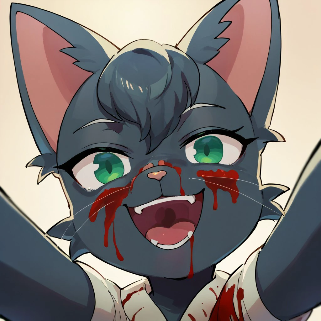 score_9, score_8_up, score_7_up, source_furry, anthro female, cat, mitsuyayuki, POV, looking at viewer, evil smile, open mouth, upper teeth only, green eyes, blood on face