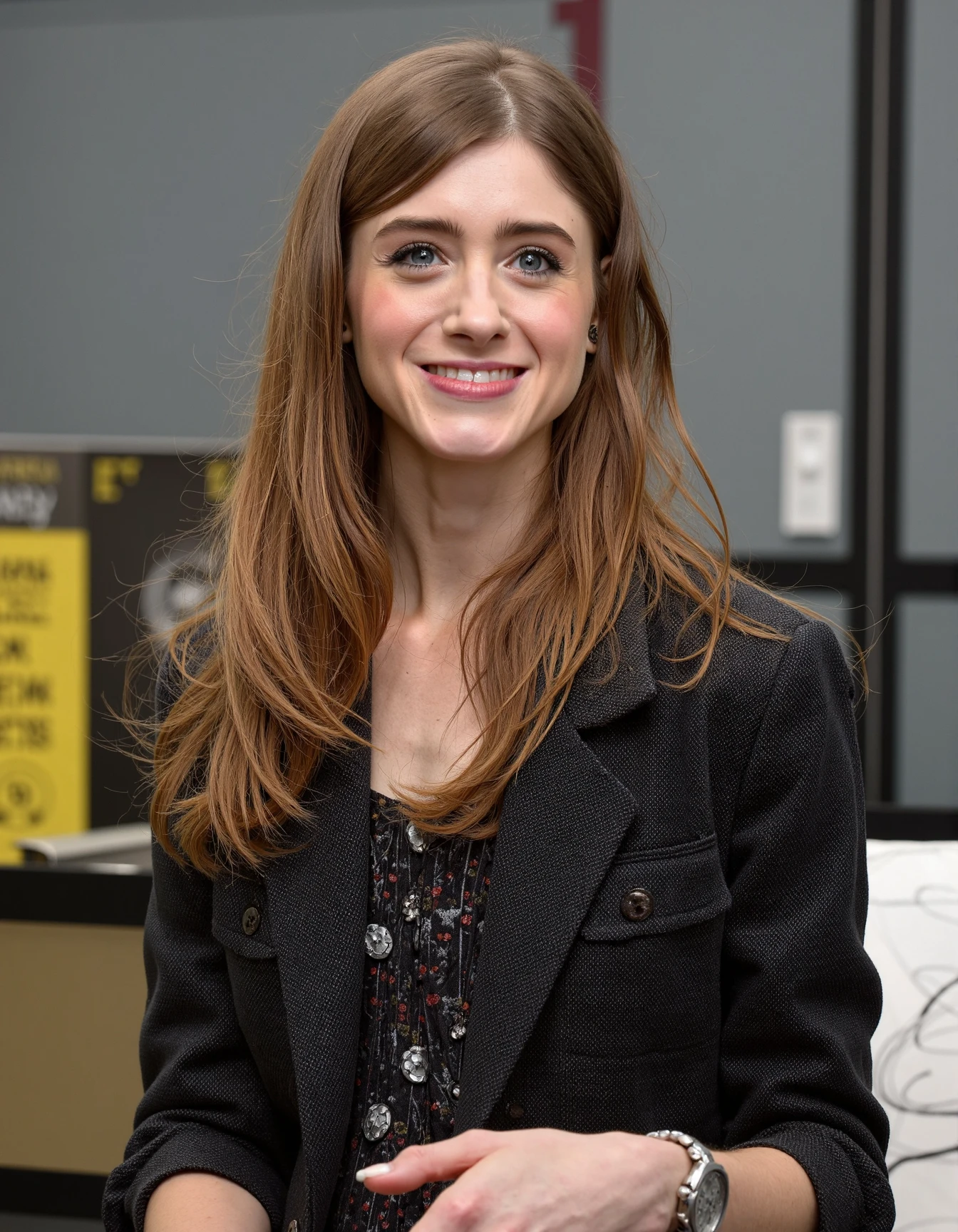 Mid-shot portrait of a beautiful woman natalia dyer in her 20s in an hi tech office with blazer and a shirt under   <lora:natalia_dyer_flux_lora_v1:1>