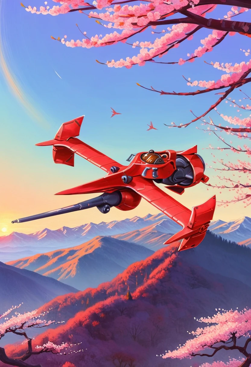 7-swordfish flying over mountains, cherry blossom trees, sunset gradient, pastel colours, red spaceship, painting, anime, retro art style  [reflections, accurate lighting, shadows, realistic, high quality photo, 4k, hd,]