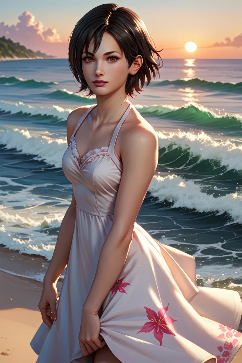 score_9, score_8_up, score_7_up, score_6_up
<lora:RE4Ada:1.0>
RE4Ada, 1girl, black hair, short hair, brown eyes, looking at viewer, on a beach during a vibrant sunset, sundress, playing with the waves