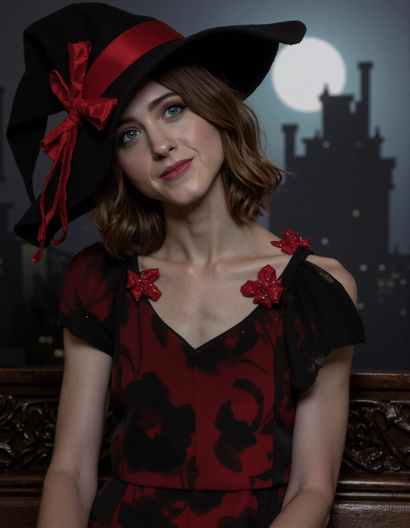 spooky gothic hyper realistic (closeup portrait :1.1) painting, beautifully rendered, gorgeous fit natalia dyer  witch with a pointy witch hat, (witch dress:1.2), (smooth skin:1.2), moonlight, castle in the background, halloween, painted by greg rutkowski, wlop, artgerm, bloodborne, dishonored 2, atmospheric lighting  ,  <lora:natalia_dyer_flux_lora_v1:1>