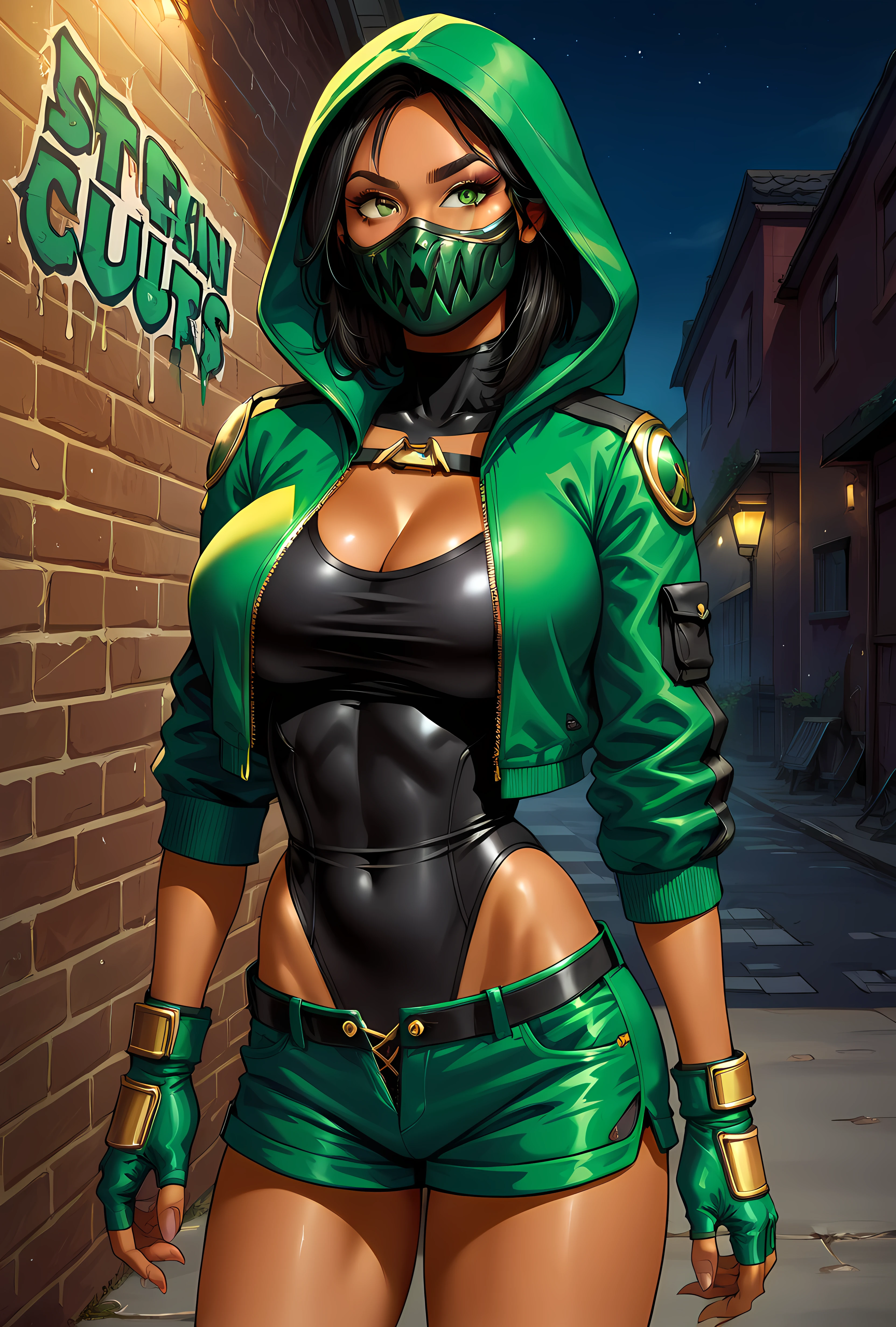 score_9, score_8_up, score_7_up, source_anime, BREAK (Masterpiece, Best Quality, Highly Detailed, Detailed Background, Cowboy Shot, Beautiful Large Breasts, Perfect Eyes, Sexy Pose), BREAK, <lora:Earthrealm_Outfit_Kitana:0.4> Mortal Kombat 1, Jade, Official Alternate Outfit, Dark Brown Skin, Long Black Hair, Green Eyes, Green Mouth Mask, Open Cropped Green Hoodie, Hood, (Black Highleg Leotard:1), (Skin Tight Green Shorts:1), Green Fingerless Gloves, Green Sneakers  <lora:Earthrealm_Outfit_Mileena:0.4> Mortal Kombat 1, Jade, Official Alternate Outfit, Dark Brown Skin, Long Black Hair, Green Eyes, Green Mouth Mask, Open Cropped Green Hoodie, Hood, (Black Higheg Leotard:1), Green Fingerless Gloves, (Skin Tight Green Shorts:1), Green Sneakers, looking at viewer, alley way, night, graffiti