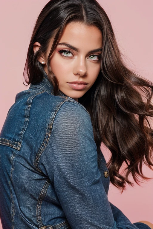 close up, eye level, a full color fashion photo of a beautiful woman, <lora:PriscillaHuggins:1> photo model, long hair, hollywood curls, wearing jeans and a pink jumper:1,  <lora:add-detail-xl:0.3>, simple pink background:1, enhanced contrast, strong color