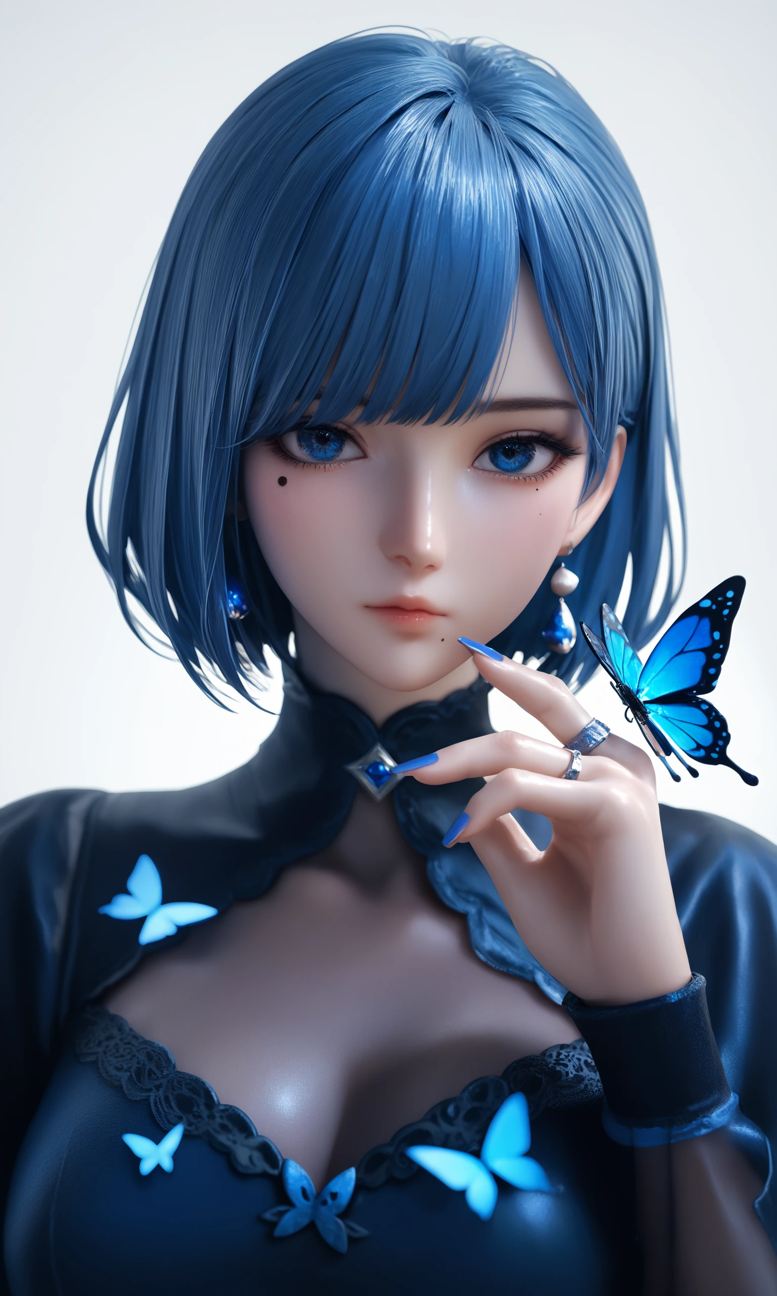 score_9,score_8_up,score_7_up,source_anime,shiny_skin,
blue butterfly,bug,butterfly,jewelry,solo,1girl,earrings,blue eyes,looking at viewer,blue nails,blue hair,nail polish,short hair,blue theme,portrait,long sleeves,upper body,butterfly on hand,ring,hand up,fingernails,mole,closed mouth,mole under eye,