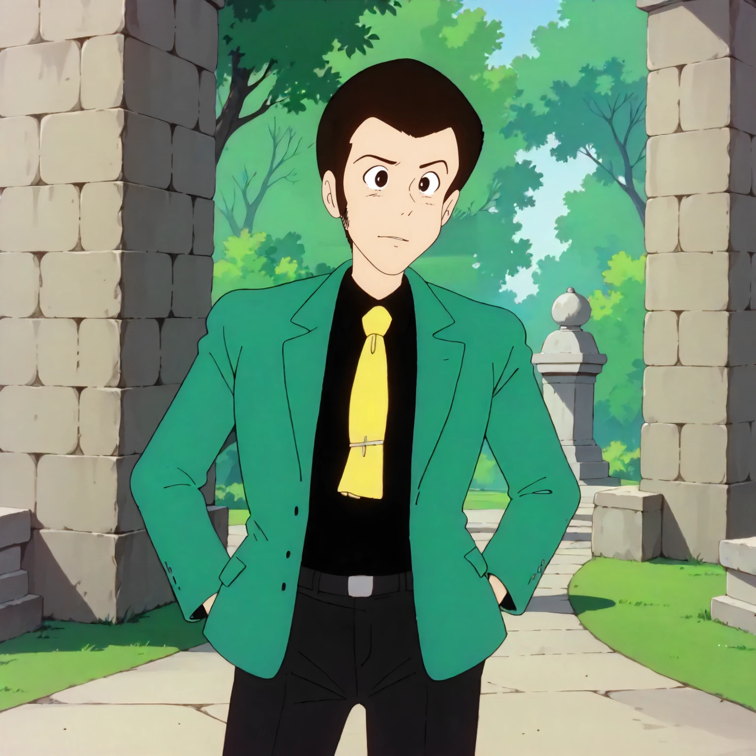 <lora:TCoC_LupinXLpony001>,
outdoors,nature,
looking at viewer,
solo,
Lupin,1boy,black hair,short hair,black eyes,
green jacket,black shirt,yellow tie,open jacket,
black pants,
standing,