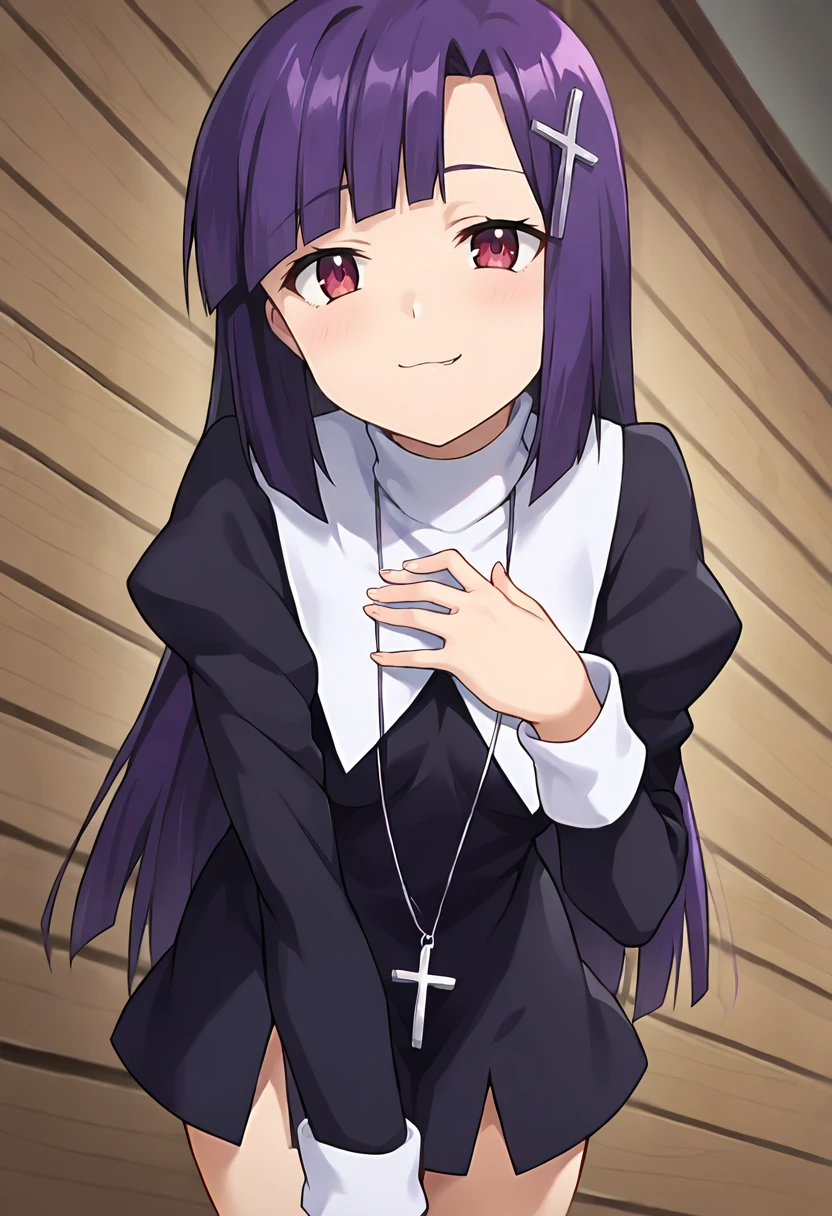 score_9, score_8_up, score_7_up, masterpiece, source_anime 1girl, ct_zange, purple hair, long hair, cross hair ornament, black dress, white turtleneck, long sleeves, cross necklace, looking at viewer, indoors, wooden wall, cowboy shot, shiny skin, smug, from below, leaning forward, hand on chest, <lora:Zange_Pony_ct:1>