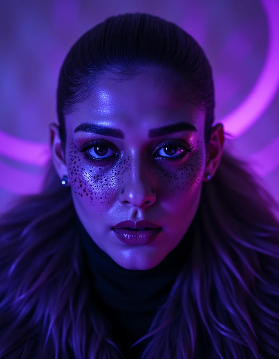 A symmetric portrait of a female xnayan as a necromancer, features dissolving into curse magic thin, luminescent purple lines. Weighted Voronoi stippling and laser caustics create a network, transitioning from hyperrealistic detail to abstract, quantum-inspired forms. Ethereal hues blend, evoking existential transition and mystery. Close-up on face, evil skull partially visible. Set against a twilight cursed backdrop, toxic winds ripple through his tattered robes. Rendered in a fusion of photorealism and digital surrealism, the scene is illuminated by ghostly Northern Lights. Emphasis on darkness, menacing atmosphere, invoking Nordic myths   <lora:xnayan_lora:1>