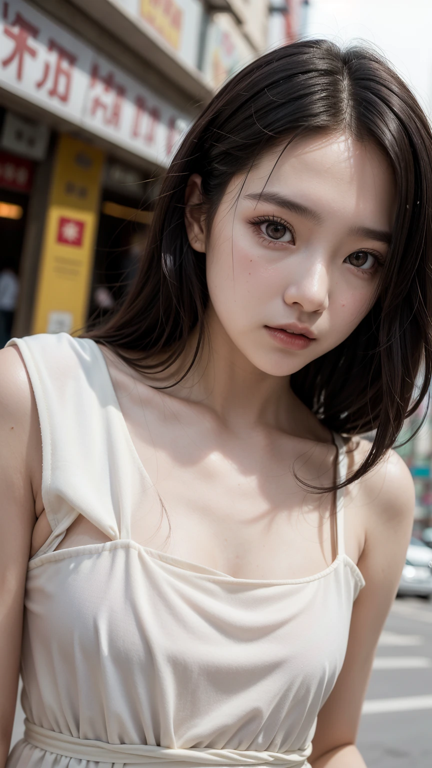 1girl,model, solo ,masterpiece, best_quality, photoshoot, looking at camera, young adult , flirty expression, (porcelain skin), brown eyes, (black hair), (messy hair), dress, white skin, day, china town background, closeup