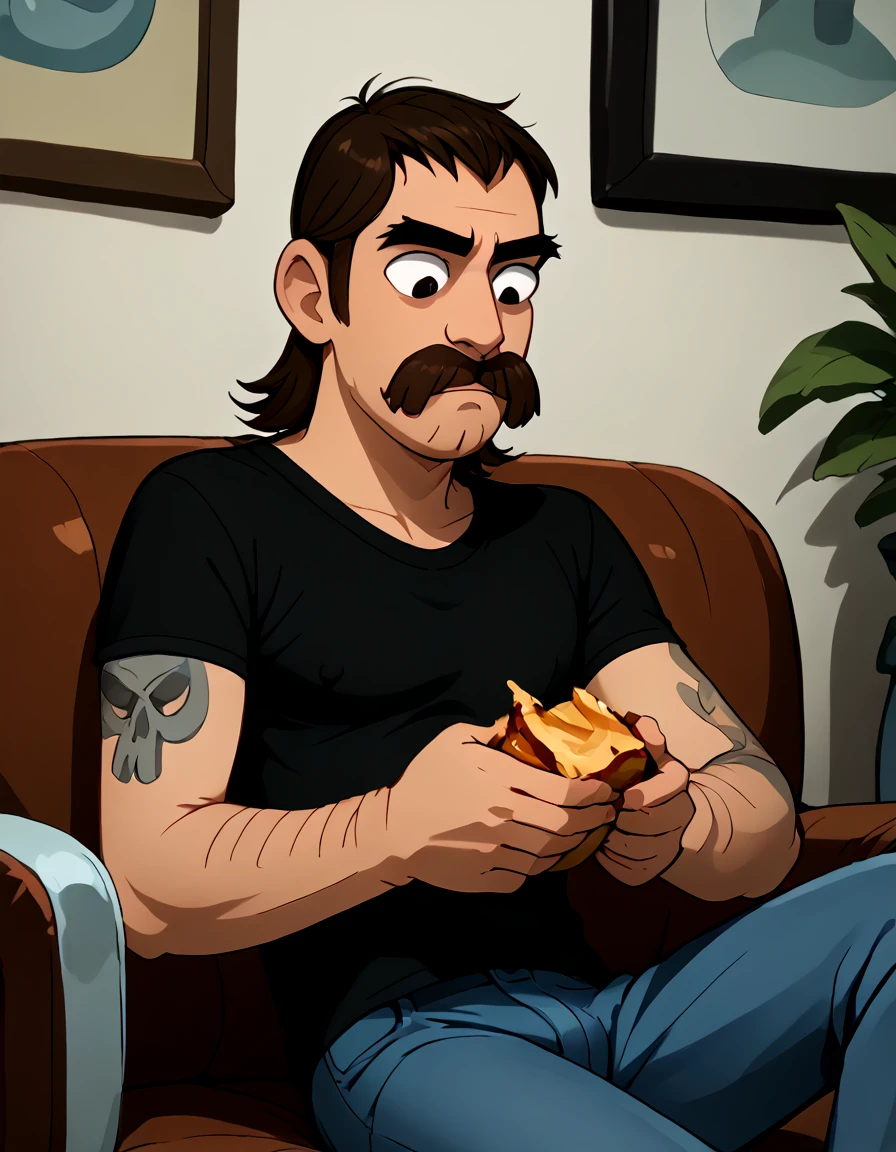 <lora:Mel_Sumouski_-__Clarence:0.85> 1boy, brown hair, mullet, arm tattoo, body hair, black shirt, short sleeves, horseshoe moustache, facial hair, black eyes, blue jeans, sitting,  eating, looking down,, source_cartoon, score_9, score_8_up, score_7_up,