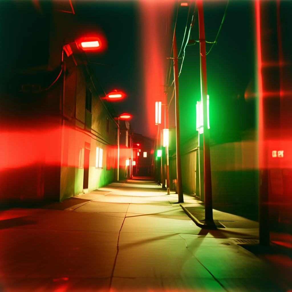 film photography, film grain, detailed, (light leak:1), dark, alley,green and red neon light, buildings, utility pole <lora:Light_leak:1>