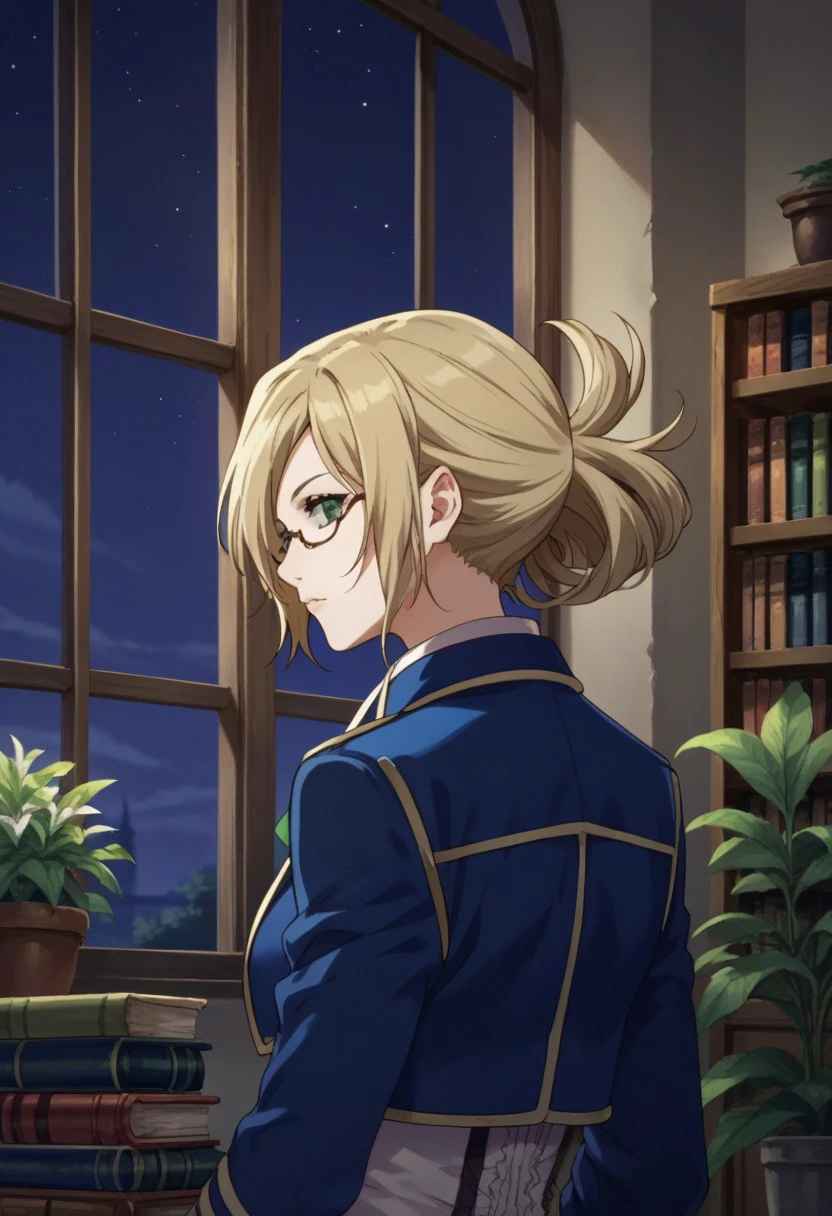 score_9, score_8_up, score_7_up, source_anime, highly detailed, 
arialin, 1girl, glasses, blonde hair, green eyes, jacket, standing, blue jacket, tegami uniform, folded ponytail, ribbon, neck ribbon, upper body. window, night, plant, books. indoor, from back,