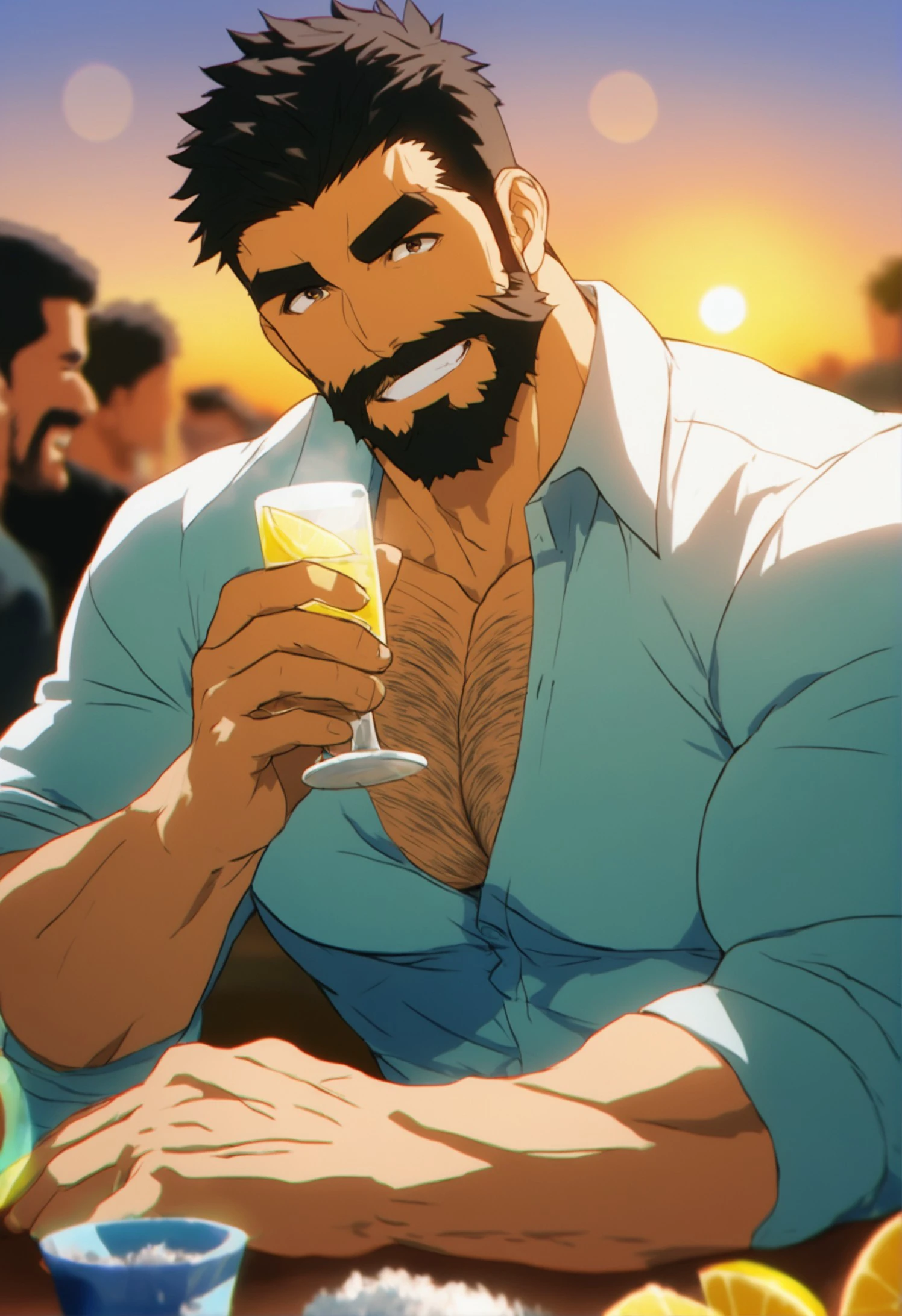 male focus, 1boy, multiple boys, 
chromatic aberration, slim, facial hair, food, muscular male, partially unbuttoned, muscular, pectorals, short hair, bara, cup, mature male, pectoral cleavage, shirt, looking at viewer, thick eyebrows, black hair, rice, beard, upper body, solo focus, lemon, mustache, sleeves rolled up, large pectorals, collared shirt, drinking glass, eating, sunset, blurry background, lens flare, sharp shadows, direct lighting, vibrant colors, glow effect, bloom, edge color fringing, chromatic aberration, fruit, smile, lemon slice, blurry, v-neck, chest hair, sex toy, grin, covered nipples, 
masterpiece, best quality
 <lora:NijiBara_SanaeXL-000018:1>